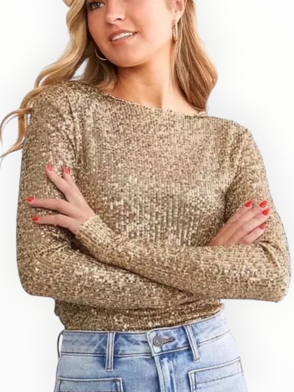 Free People Gold Rush Gold Sequin Long-Sleeve Top